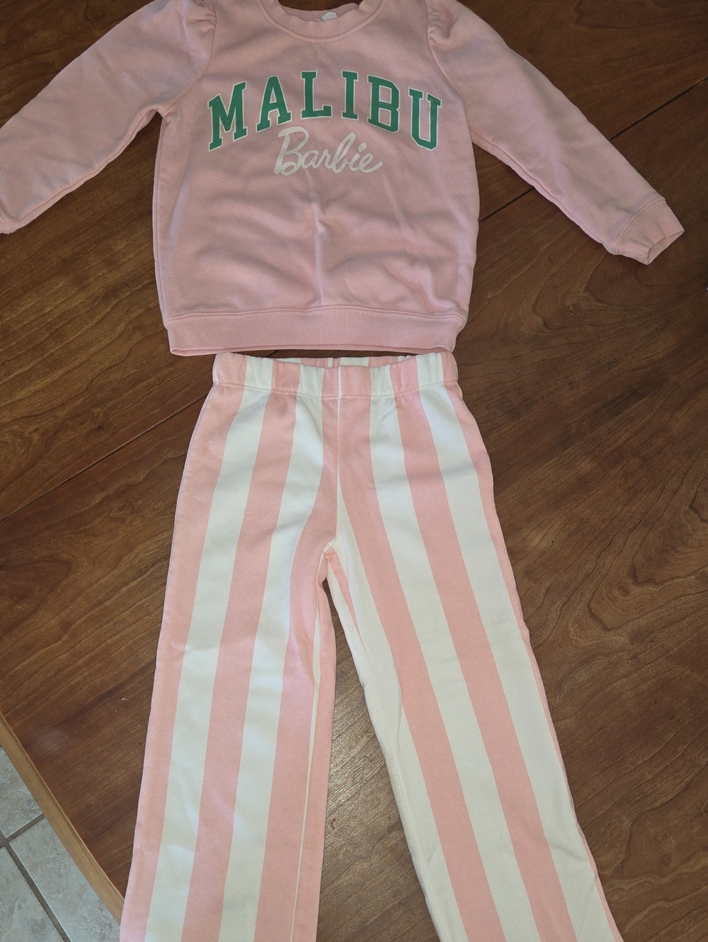 Barbie Pink Sweatshirt with Green Malibu Logo + Pink & White Striped Pants